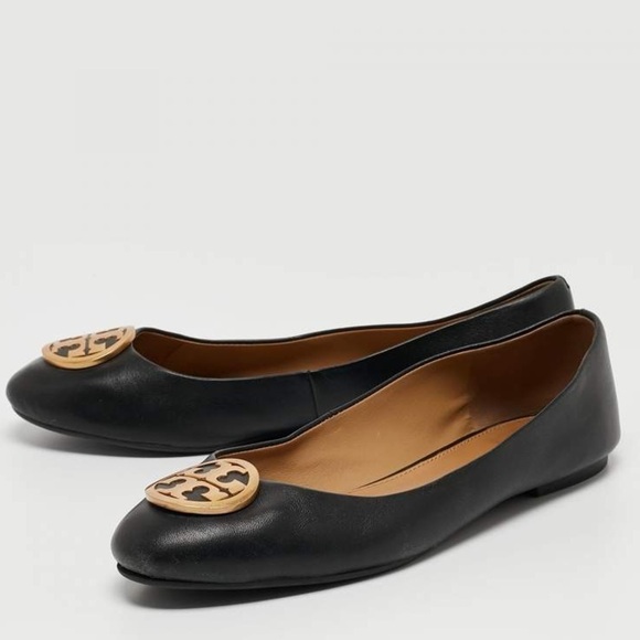 Tory Burch Benton Ballet Flats Shoes Black Nappa Leather Gold Tone Logo Size 7.5 - Picture 1 of 13